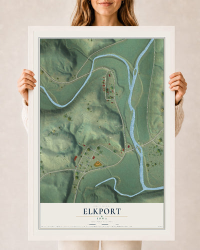 Map of Elkport, Iowa, 24 x 36 inch print in a white wood frame