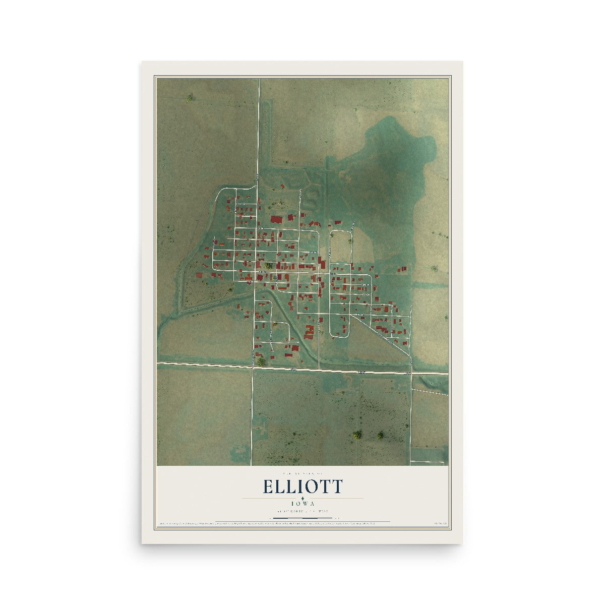 Map of Elliott, Iowa, 12 x 18 inch unframed archival matte print