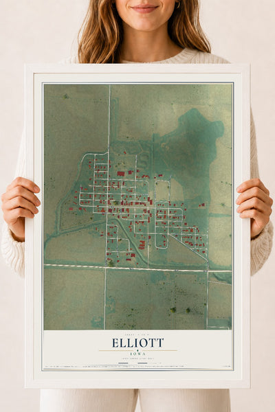 Map of Elliott, Iowa, 18 x 24 inch print in a white wood frame