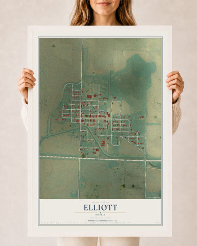 Map of Elliott, Iowa, 24 x 36 inch print in a white wood frame