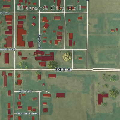 Close-up of the map of Ellsworth, Iowa print showing street and building detail