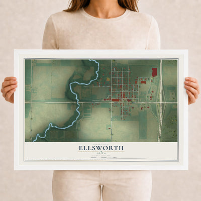 Map of Ellsworth, Iowa, 12 x 18 inch print in a white wood frame