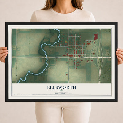 Map of Ellsworth, Iowa, 18 x 24 inch print in a black wood frame