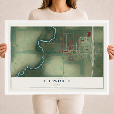 Map of Ellsworth, Iowa, 18 x 24 inch print in a white wood frame