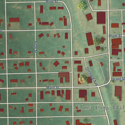 Close-up of the map of Elma, Iowa print showing street and building detail