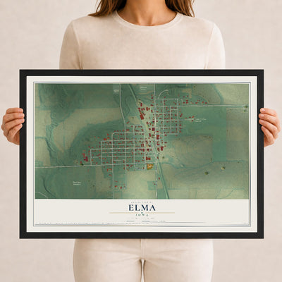 Map of Elma, Iowa, 12 x 18 inch print in a black wood frame