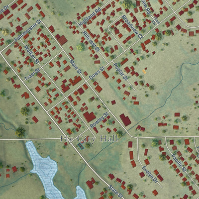 Close-up of the map of Ely, Iowa print showing street and building detail