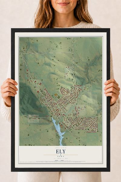 Map of Ely, Iowa, 18 x 24 inch print in a black wood frame