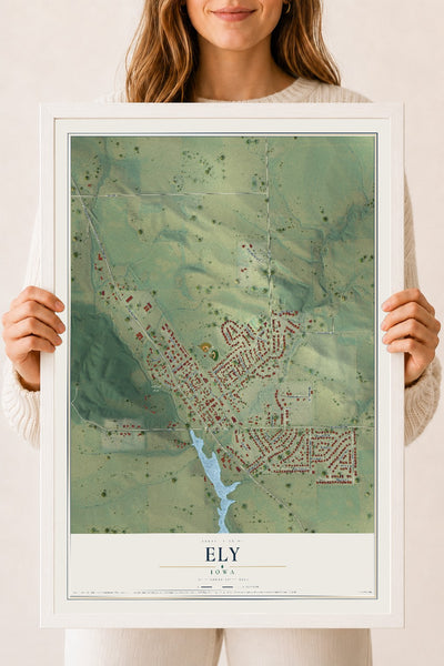 Map of Ely, Iowa, 18 x 24 inch print in a white wood frame