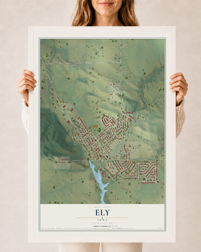 Map of Ely, Iowa, 24 x 36 inch print in a white wood frame