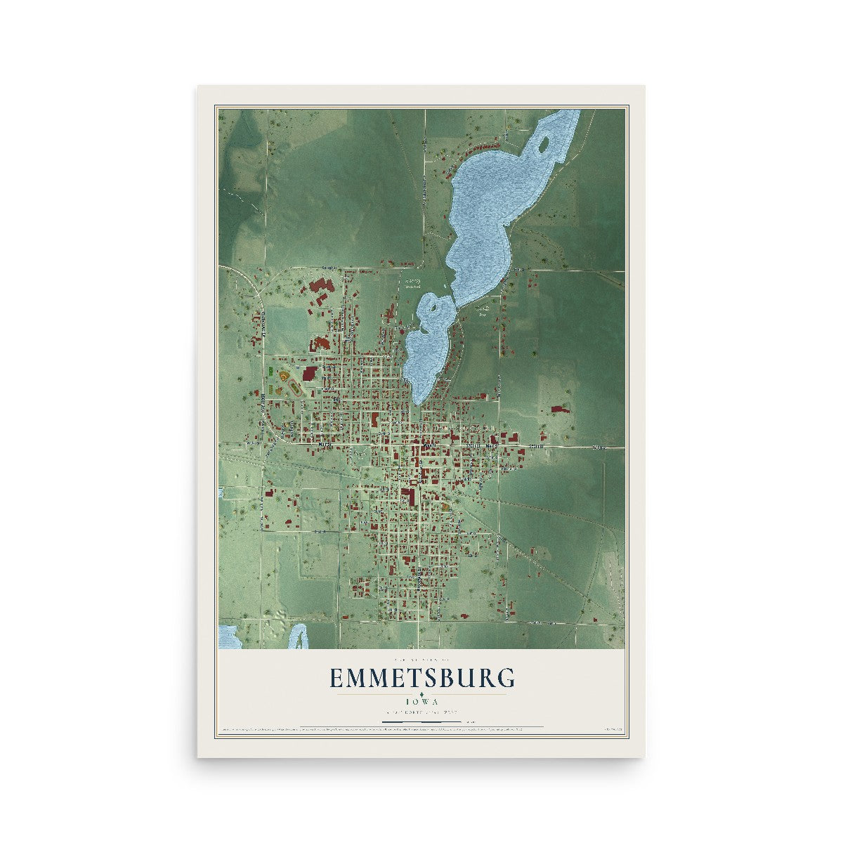 Map of Emmetsburg, Iowa, 12 x 18 inch unframed archival matte print