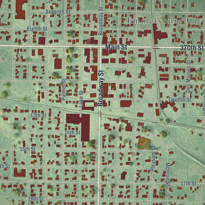 Close-up of the map of Emmetsburg, Iowa print showing street and building detail