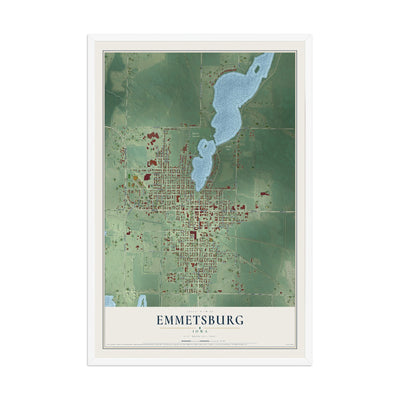 Map of Emmetsburg, Iowa, 12 x 18 inch print in a white wood frame
