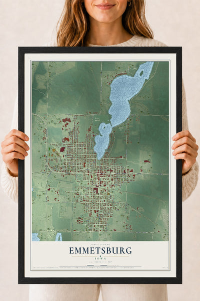 Map of Emmetsburg, Iowa, 18 x 24 inch print in a black wood frame