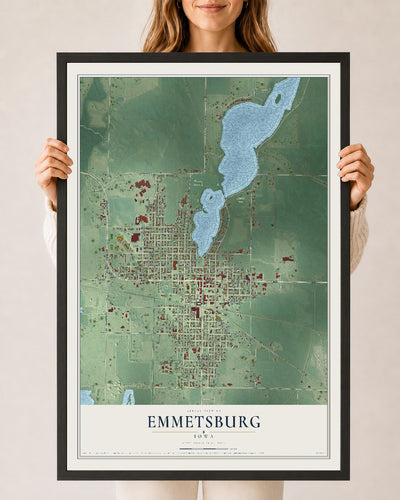 Map of Emmetsburg, Iowa, 24 x 36 inch print in a black wood frame