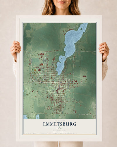 Map of Emmetsburg, Iowa, 24 x 36 inch print in a white wood frame