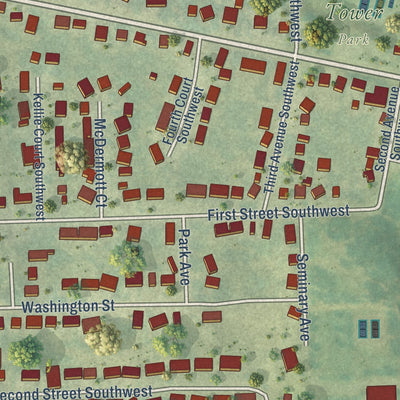 Close-up of the map of Epworth, Iowa print showing street and building detail