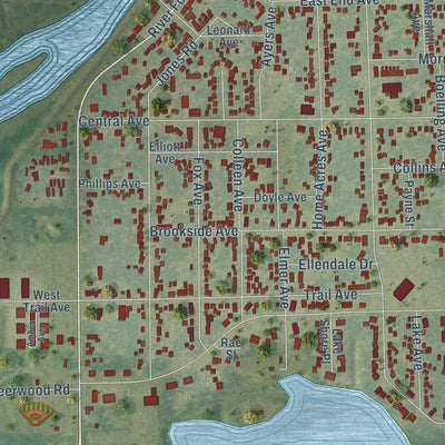 Close-up of the map of Evansdale, Iowa print showing street and building detail
