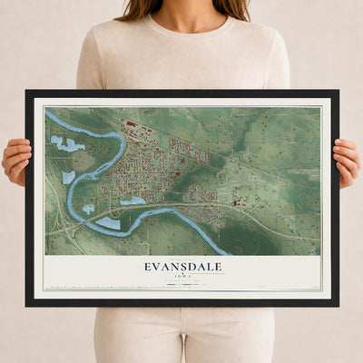 Map of Evansdale, Iowa, 12 x 18 inch print in a black wood frame