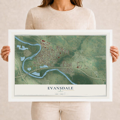 Map of Evansdale, Iowa, 12 x 18 inch print in a white wood frame