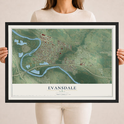Map of Evansdale, Iowa, 18 x 24 inch print in a black wood frame