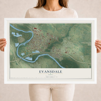 Map of Evansdale, Iowa, 18 x 24 inch print in a white wood frame
