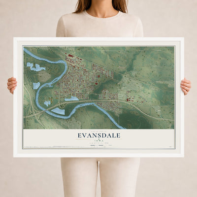 Map of Evansdale, Iowa, 24 x 36 inch print in a white wood frame