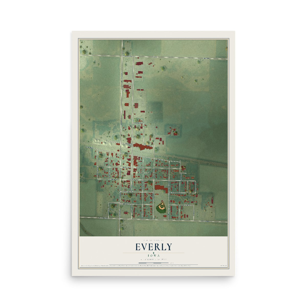 Map of Everly, Iowa, 12 x 18 inch unframed archival matte print