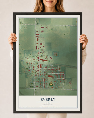 Map of Everly, Iowa, 24 x 36 inch print in a black wood frame