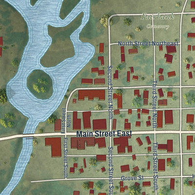 Close-up of the map of Fairbank, Iowa print showing street and building detail