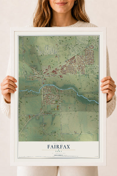 Map of Fairfax, Iowa, 18 x 24 inch print in a white wood frame