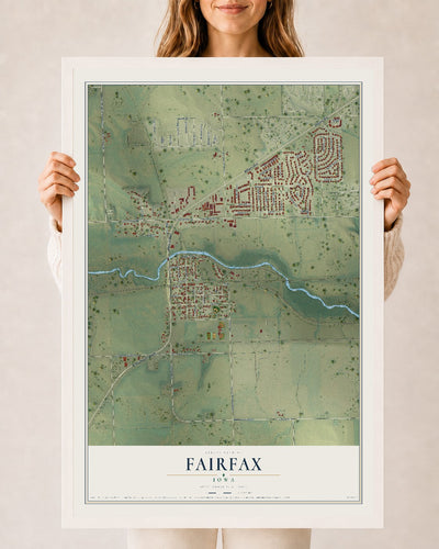 Map of Fairfax, Iowa, 24 x 36 inch print in a white wood frame