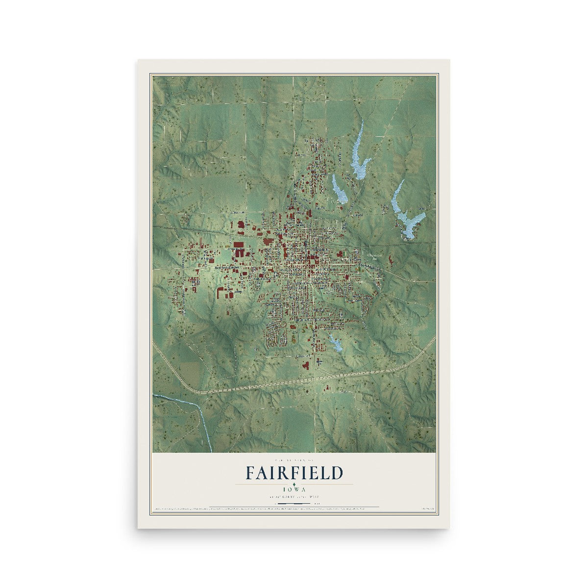 Map of Fairfield, Iowa, 12 x 18 inch unframed archival matte print