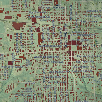Close-up of the map of Fairfield, Iowa print showing street and building detail