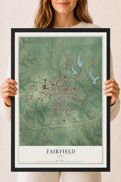 Map of Fairfield, Iowa, 18 x 24 inch print in a black wood frame