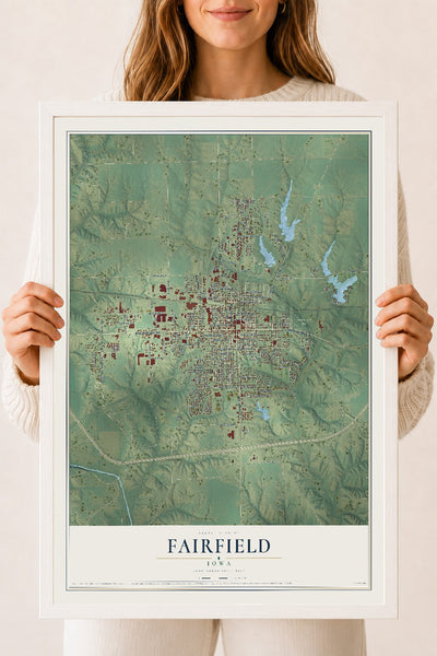 Map of Fairfield, Iowa, 18 x 24 inch print in a white wood frame