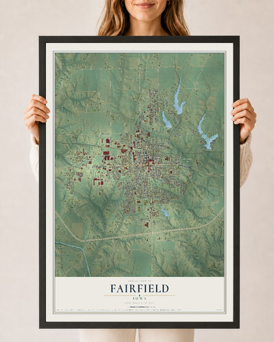 Map of Fairfield, Iowa, 24 x 36 inch print in a black wood frame
