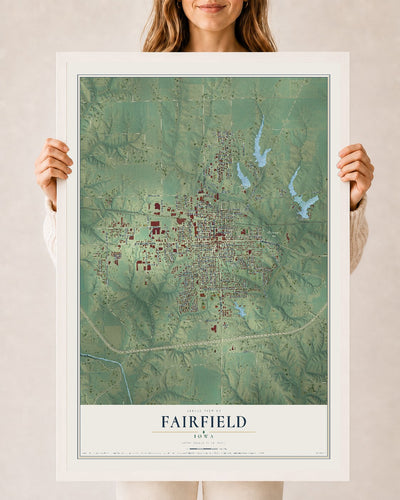 Map of Fairfield, Iowa, 24 x 36 inch print in a white wood frame