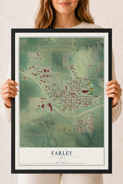 Map of Farley, Iowa, 18 x 24 inch print in a black wood frame