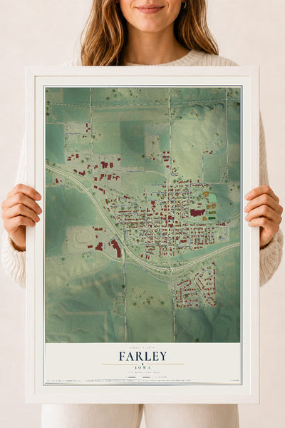 Map of Farley, Iowa, 18 x 24 inch print in a white wood frame