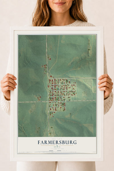 Map of Farmersburg, Iowa, 18 x 24 inch print in a white wood frame