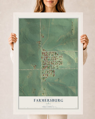 Map of Farmersburg, Iowa, 24 x 36 inch print in a white wood frame