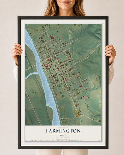 Map of Farmington, Iowa, 24 x 36 inch print in a black wood frame