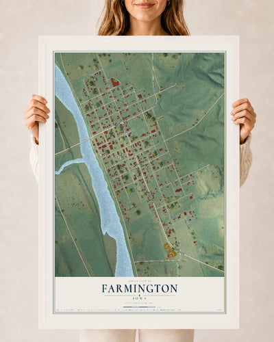 Map of Farmington, Iowa, 24 x 36 inch print in a white wood frame