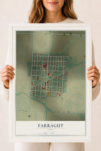 Map of Farragut, Iowa, 18 x 24 inch print in a white wood frame