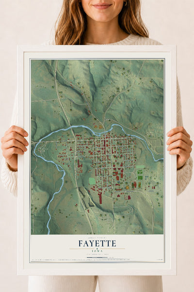 Map of Fayette, Iowa, 18 x 24 inch print in a white wood frame