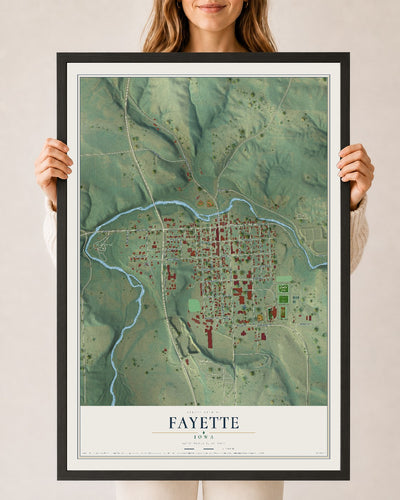 Map of Fayette, Iowa, 24 x 36 inch print in a black wood frame