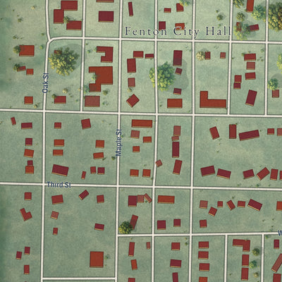 Close-up of the map of Fenton, Iowa print showing street and building detail