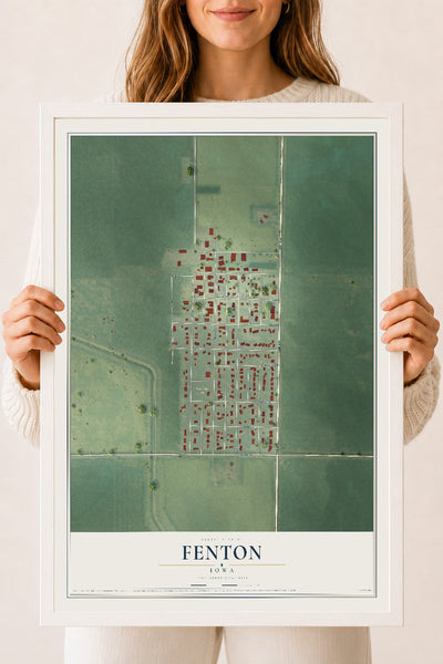 Map of Fenton, Iowa, 18 x 24 inch print in a white wood frame