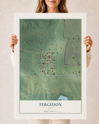 Map of Ferguson, Iowa, 24 x 36 inch print in a white wood frame